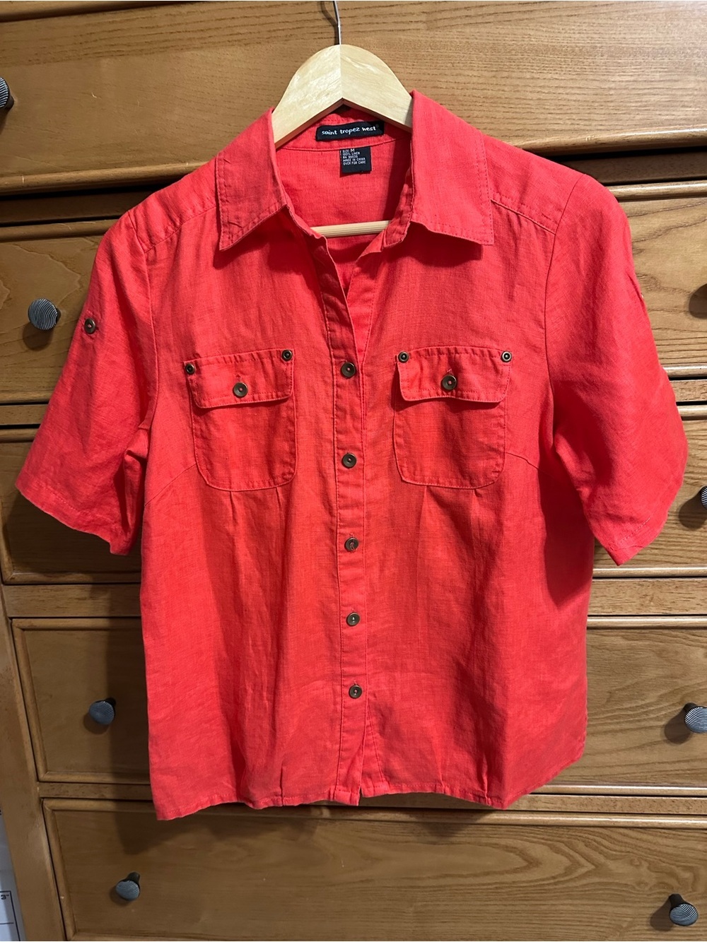 Saint Tropez West Womens Medium Tomato Red 100% Linen Short Sleeve Button Up Top